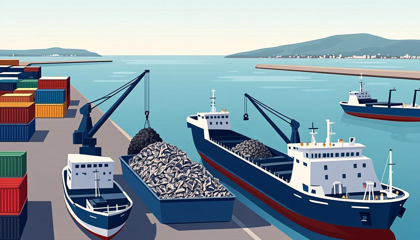 Cargo ships loading nickel scrap at Mediterranean shipping port