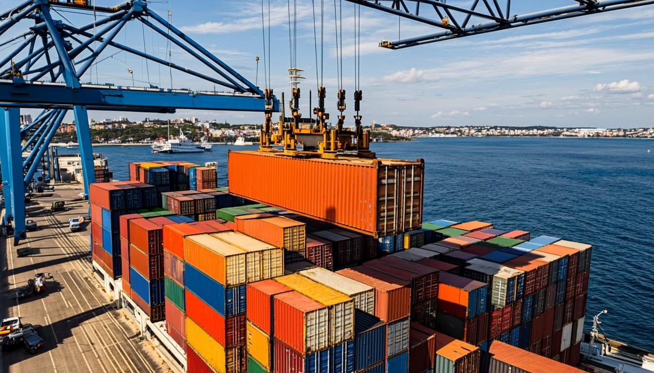 Cargo Containers Being Loaded onto Export Vessel at Baltic Sea Port