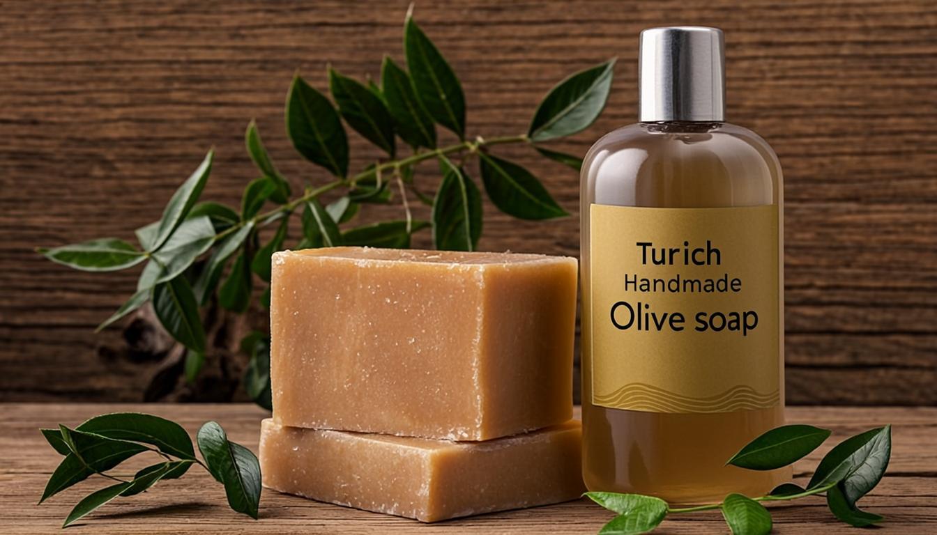 Handmade olive oil soap bars and herbal shampoo bottles with laurel leaves on wooden table
