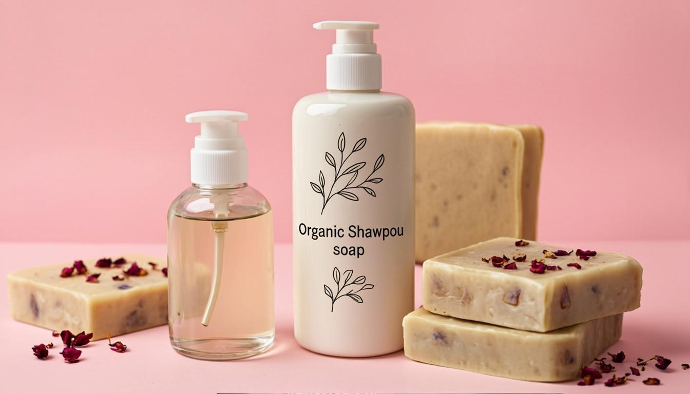 Natural herbal cosmetics display with soap bars and organic shampoo bottles on pastel background