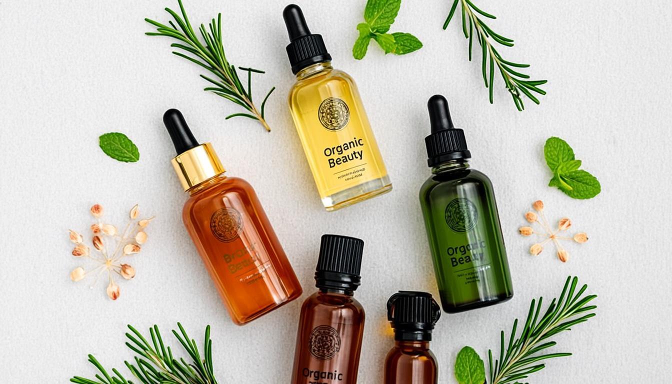 Premium Turkish natural cosmetic products with essential oils and botanical elements on white background