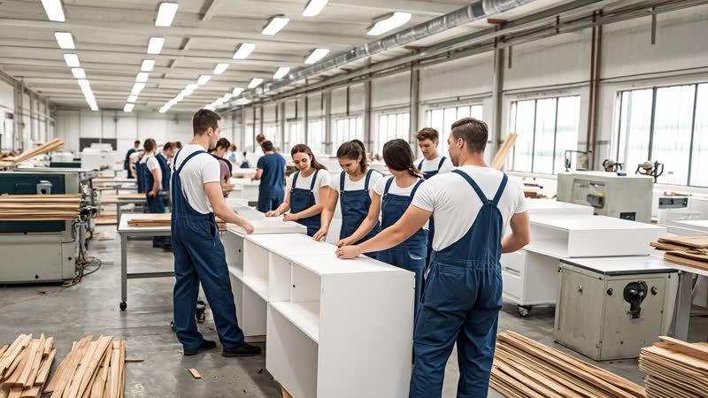Ukrainian furniture factory workers assembling kitchen cabinets from MDF panels