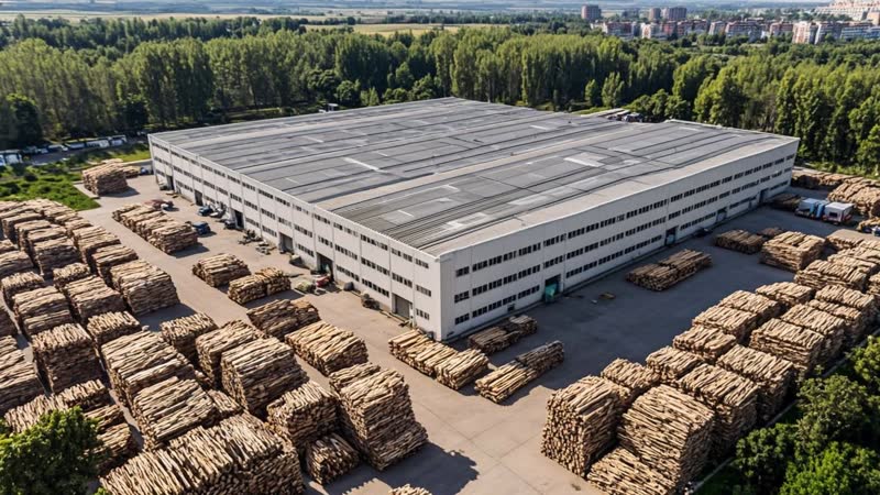 Aerial view of a large MDF manufacturing plant facility in Ukraine