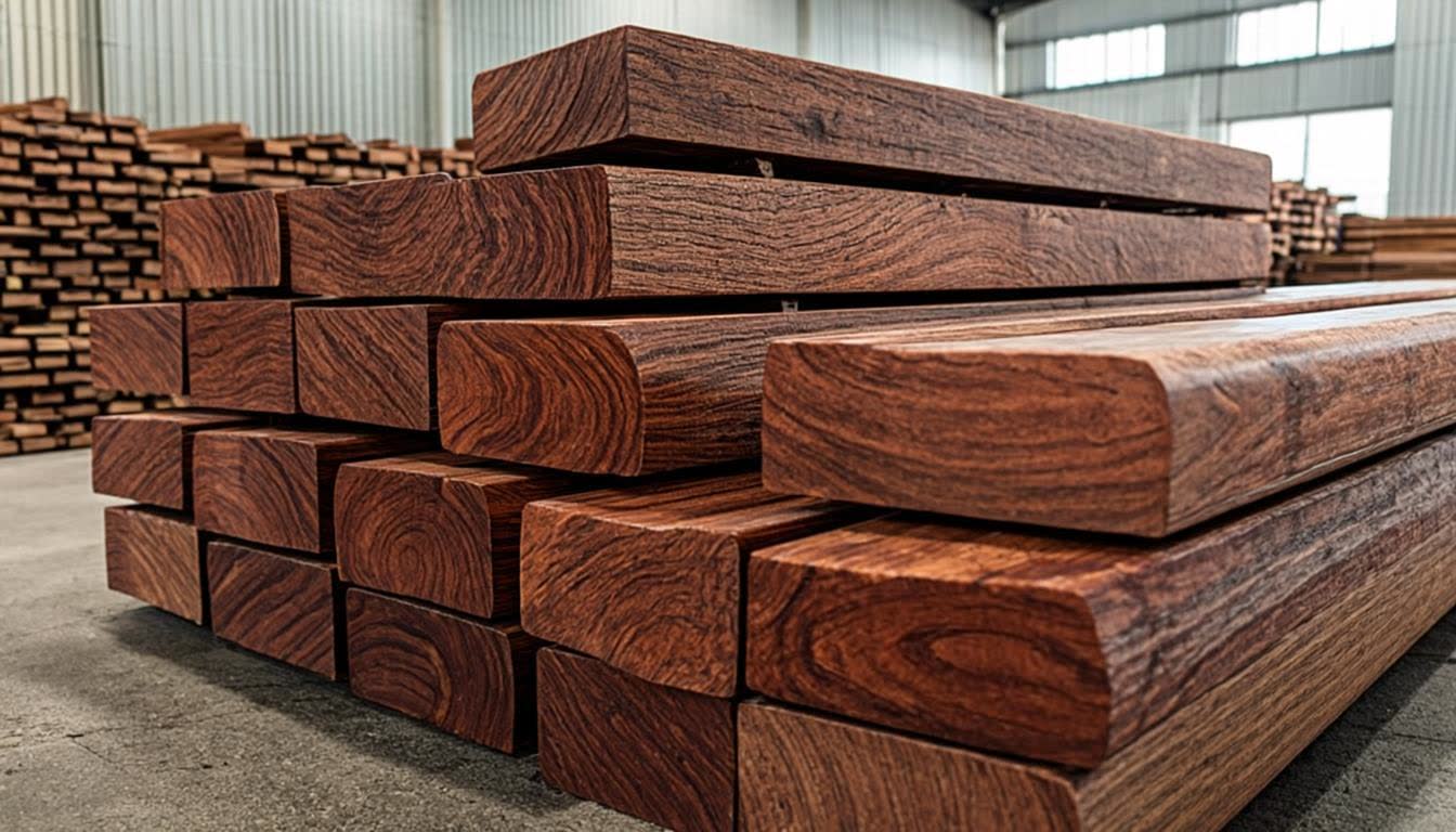 Premium hardwood lumber warehouse - tropical wood species imported from South America and Africa