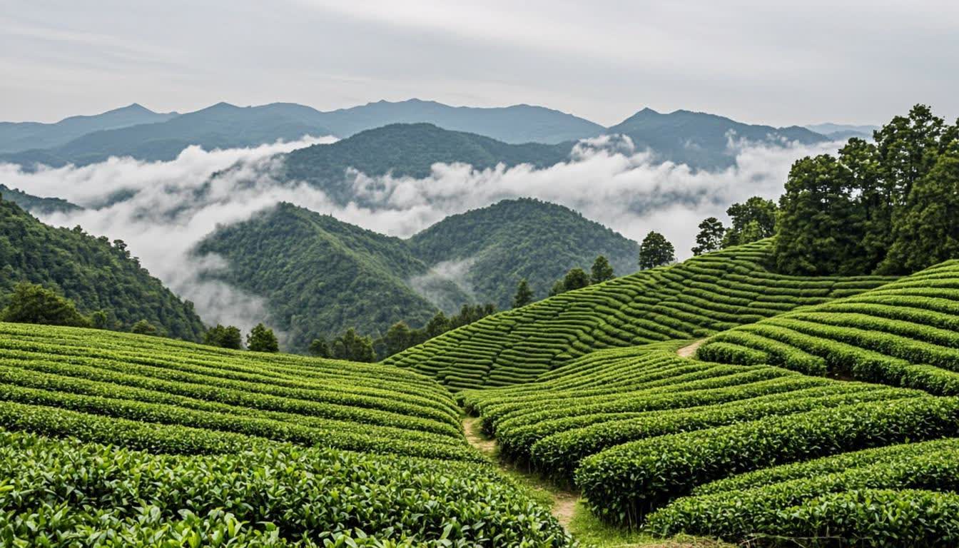 Black Sea tea plantations in Rize Turkey - lush green tea terraces on misty mountains