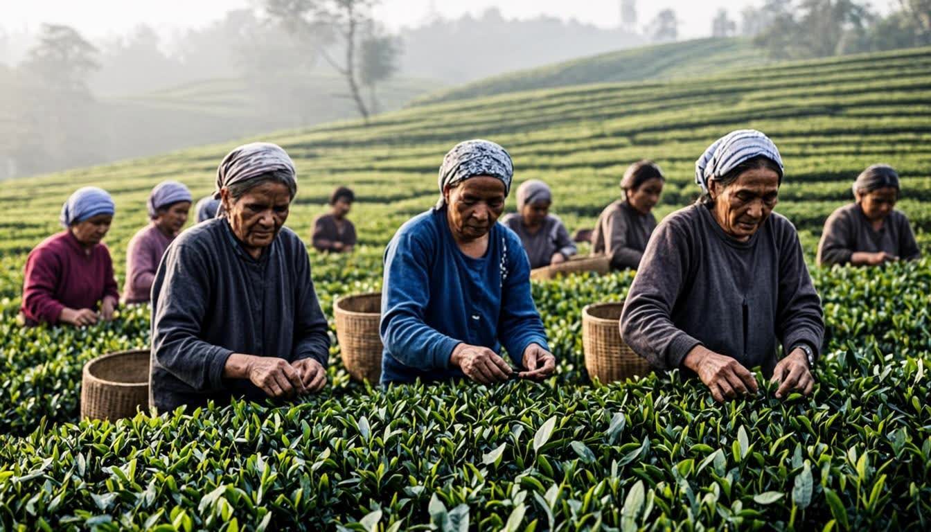 Black Sea Turkey tea harvest - workers picking fresh green tea leaves in traditional tea gardens