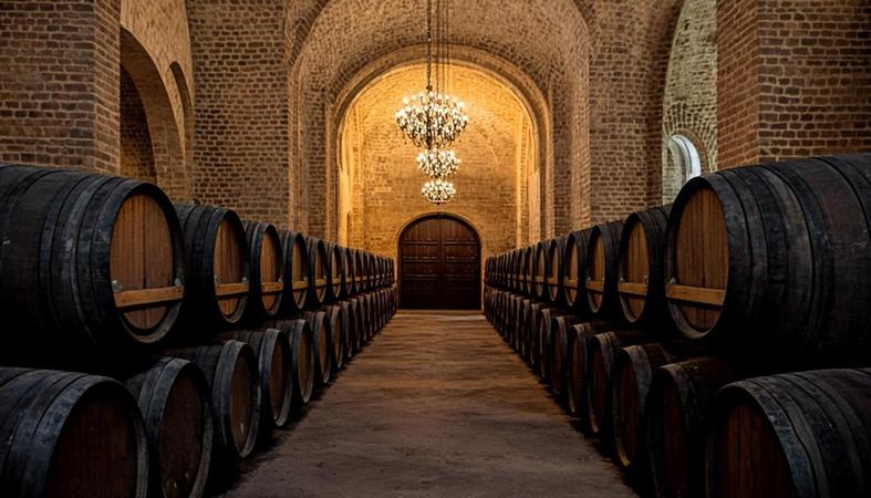 Traditional Spanish bodega with oak barrels and wine fermentation tanks in Andalusia