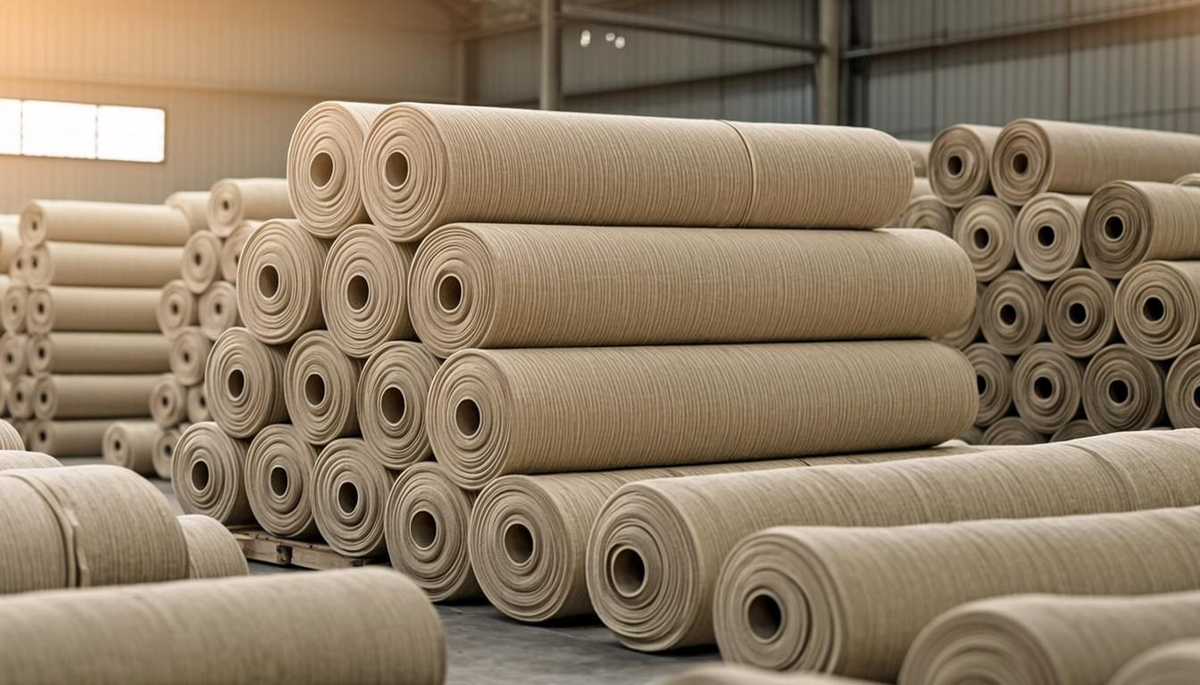 Cotton twill weave fabric rolls in a modern Spanish textile warehouse