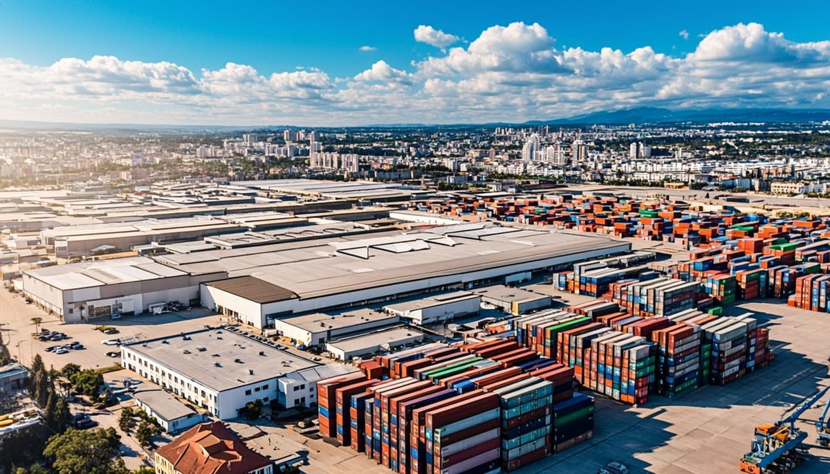 Aerial view of Barcelona textile district with warehouses and shipping containers