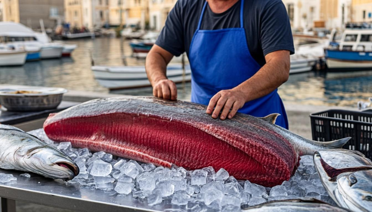 Fresh bluefin tuna prepared at a Spanish Mediterranean fish market on ice display