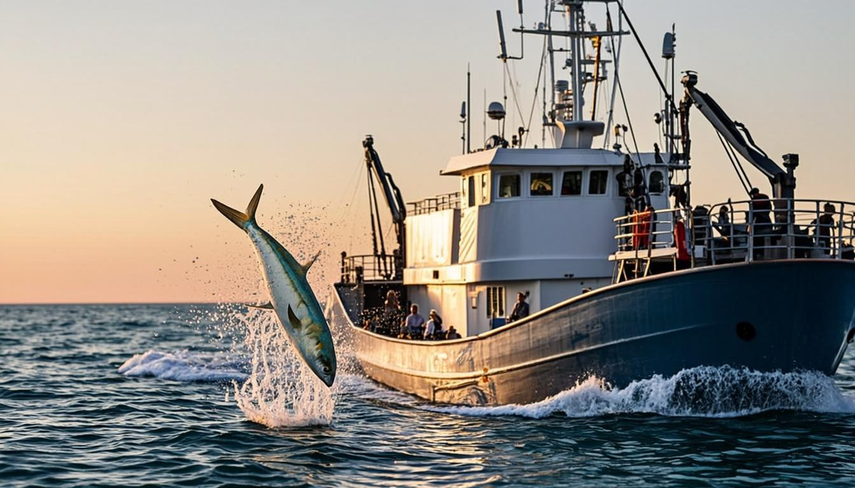 Commercial fishing boat hauling bluefin tuna in the Mediterranean Sea near Spain
