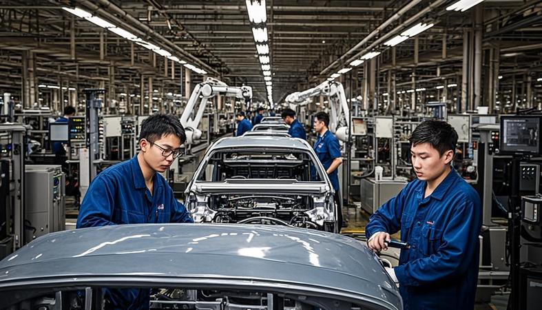 Modern otomotiv üretim hattında yeni araçların montajı ve kalite kontrolü