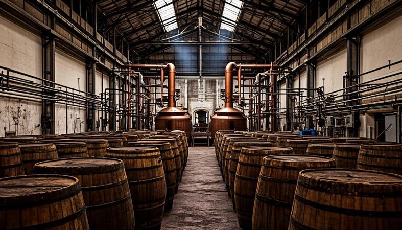 Traditional Scottish whisky distillery warehouse with oak barrels and copper stills